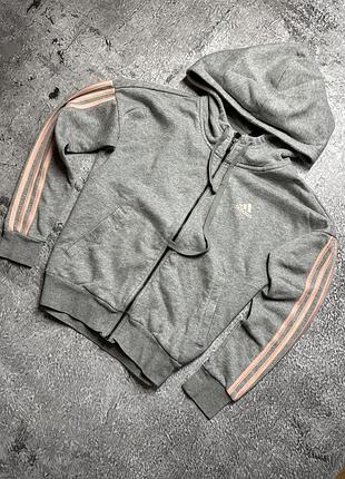 Жіноча сіра худі,зіпка adidas з рожевими смужками