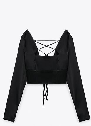 Сатинова блуза zara з зав’язками чорна, топ-корсет з відкритою спинкою