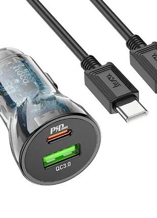 Адаптер автомобільний hoco micro usb cable transparent discovery edition dual port z47 |2usb, qc, 3a| transparent-black