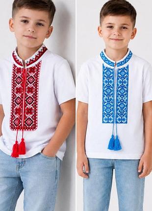 Вишиванка для хлопчика, біла вишиванка сорочка вишита, вишиванка з червоною синьою вишивкою орнамент