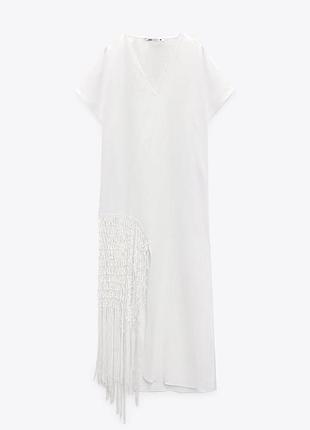 Белое льняное платье с бахромой zara.
