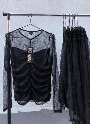 Стильний мереживний чорний лонгслів блуза m 38 river island/ ажурный сорный лонг блуза