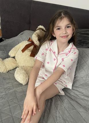 Муслиновая пижама для девушек. принт - сердечки. 122, 128, 134, 140, 146 см.