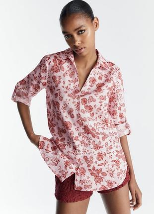 Фірмова лляна сорочка в квітковий принт бренд zara розмір с