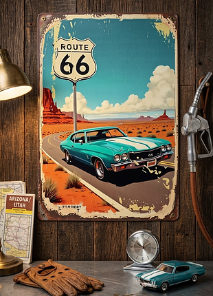 Металлическая винтажная табличка маслкар route 66 трасса 66 ретро 14х20 см