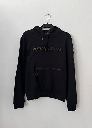 Versace jeans black hoodie logo patch pullover size l original luxury чоловіче худі версаче оригінал