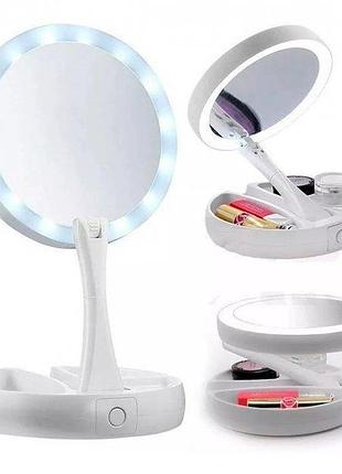 Зеркало для макіяжу з led-подсвіткої круглої пововане складне d16см myfold premium