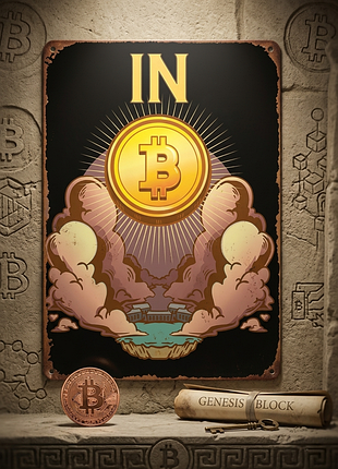 Металлическая винтажная табличка "in bitcoin we trust" (криптовалюта) 14х20 см