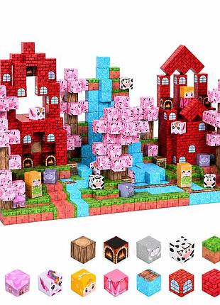 Магнітний конструктор minecraft рожевий замок і квітучий біом 100 деталей — поринь у світ майнкрафт