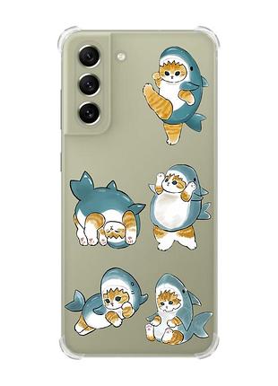 Чехол с утолщёнными углами для samsung s21 fe :: котенки акулы (принт 381)