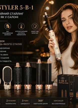 Мультистайлер 5-в-1 golden goods sandstone: фен-щітка з іонізацією, ефект coanda 110 000 об/хв, стайлер для об'єму та локонів