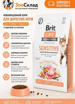 Беззерновой корм brit care cat gf sensitive digestion delicate taste с индейкой и лососем для привередливых кошек 7 кг