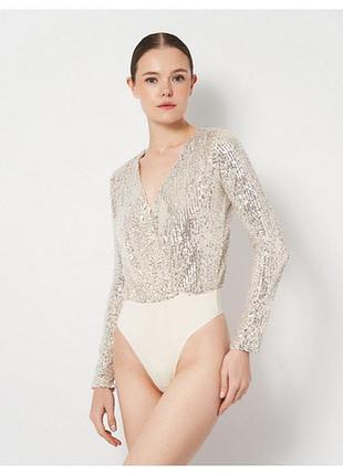 Яскраве нарядне боді бежеве боді у паєтки з блискітками h&m xs s