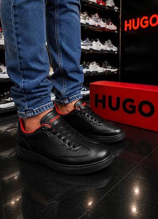 Мужские кроссовки hugo черные кожаные легкие летние стильные, дешевые, качественные кроссовки хуго чернее кожаное ежесночное летнее лого кеды стильное