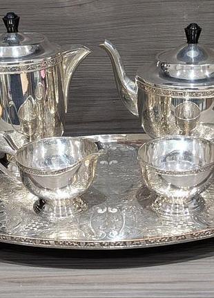 Вінтажний англійський чайно-кавовий сервіз на підносі walker & hall, sheffield england | silverplate epns