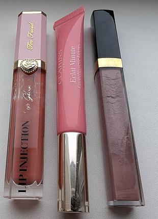 Chanel rouge coсo, clarins lip perfector,too faced