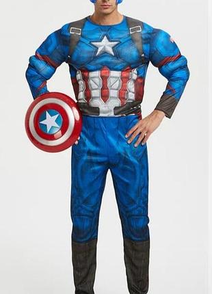 Дорослий костюм аніматора капітан америка / captain america marvel карнавальний комбінезон з м’язами, маскою та щитом
