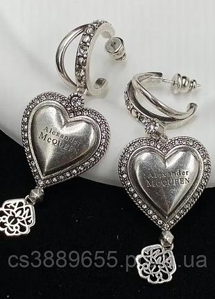 Сережки олександр маккуїн alexander mcqueen heart crystal drop earrings silver люкс якість