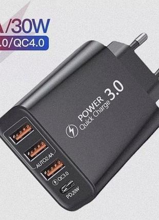 Блок живлення 30w, зарядка 3 usb + type c.
колір: 
білий, чорний