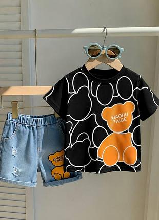 🔥 літній костюм для хлопчика “веселий ведмедик” 🧸
👕 футболка + джинсові шорти