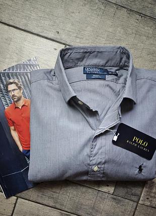 Чоловіча сорочка polo ralph lauren у сірому кольорі в тонку смужку з довгим рукавом розмір 43