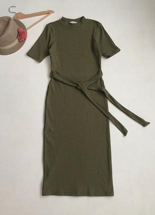 Женское базовое длинное платье в рубчик хаки cotton clab