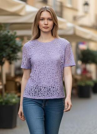 Мереживна жіноча футболка кружевная ажурная кружевом 14 l xl 48 блуза блузка блузочка мереживом кружевом нарядная святкова лілового л кофточка кофта