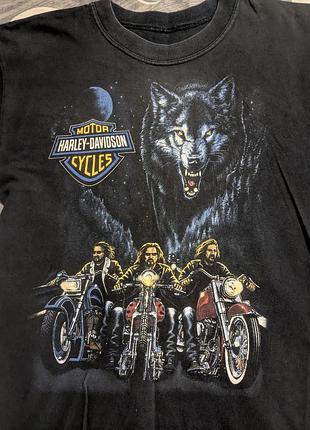Футболка harley-davidson с принтом волка и байкеров черная