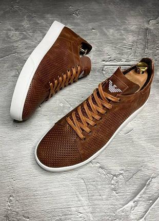 Мужские летние кеды с перфорацией коричневой на белой подошве натуральная кожа arm 80