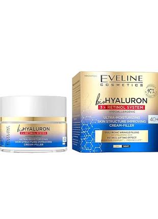 Крем для обличчя eveline biohyaluron 3 х retinol system 40+ філер ультразволожуючий день/ніч 50 мл 6051
