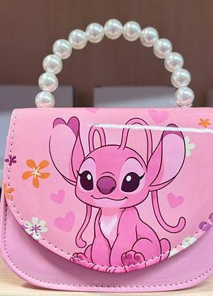 Дитяча сумочка stitch рожева з перлинною ручкою 17×13×6 см