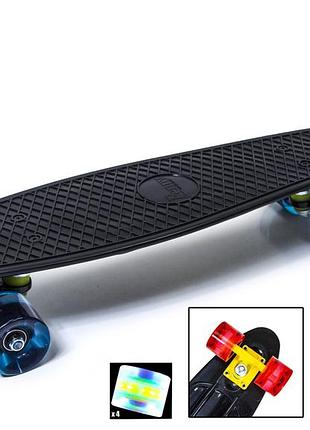Пластиковый скейт пенниборд penny board 22, черный цвет, антискользящия поверхность, колеса из полиуретана светящиеся
