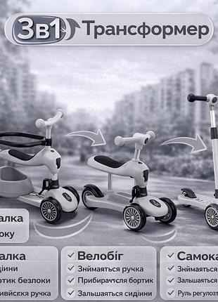 Дитячий самокат tea & milk 3в1 k619 трансформер з батьківською ручкою, сидінням і бортиком, колеса світяться pu