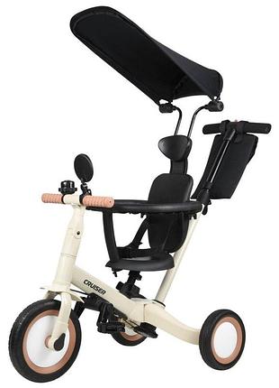 Детский велосипед-трансформер cruiser versa 5в1 с ручкой для родителей и капюшоном, защитным бортом бежевый