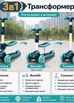 Самокат-толкарь maraton flex 2в1, сине-зеленый, 3 колеса 120 мм pu светящиеся, складной, регулируемый руль 50–72 см, abec-7