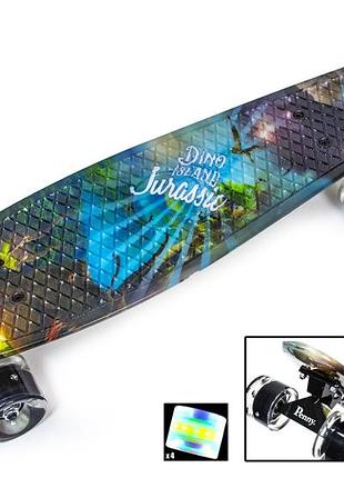 Пластиковый скейт пенниборд penny board "динозавр", колеса из полиуретана светятся при катаннии
