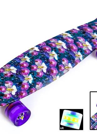 Пластиковый скейт пенниборд penny board "орхидея", колеса из полиуретана светятся при катаннии