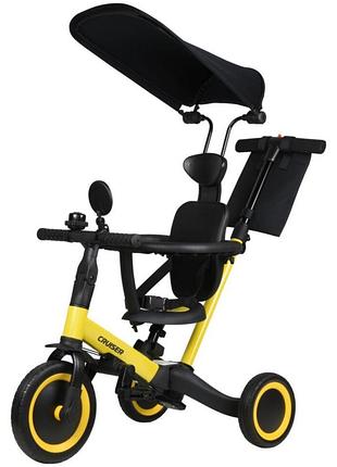 Детский велосипед-трансформер cruiser versa 5в1 с ручкой для родителей и капюшоном, защитным бортом желтый