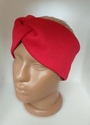Повязка на голову чалма тюрбан узелок для волос женский красного цвета на флисе3 фото