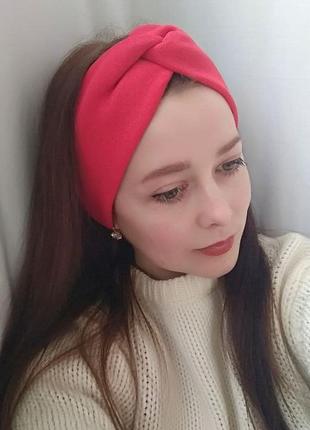Повязка на голову чалма тюрбан узелок для волос женский красного цвета на флисе2 фото