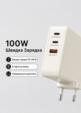 Зарядний пристрій 100w, 2xusb-c+usb-a, gan, pd, qc, швидка зарядка