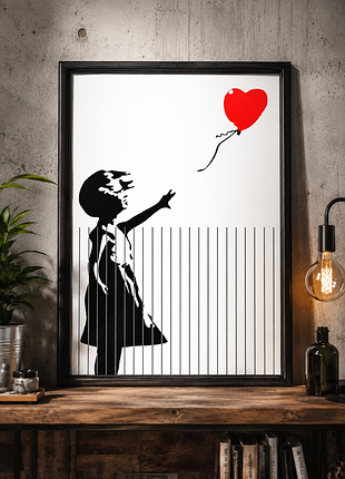 Плакат постер на белой бумаге девочка с шаром banksy 42х30см