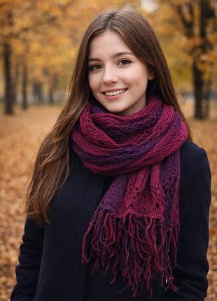 Шарф 💜фуксія 🩷хомут багатошаровий мереживний теплий палантин  в'язаний гачком