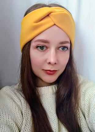 Пов'язка на голову чалма тюрбан вузлик для волосся жіночий жовтого гірчичного кольору на флісі1 фото