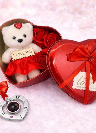 Подарочный набор с мишкой и розами из мыла + кулон с проекцией i love you / набор мыльные розы мишка