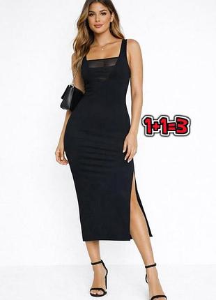 🎁1+1=3 шикарное черное платье миди с разрезом сбоку h&amp;m, размер 44 - 46