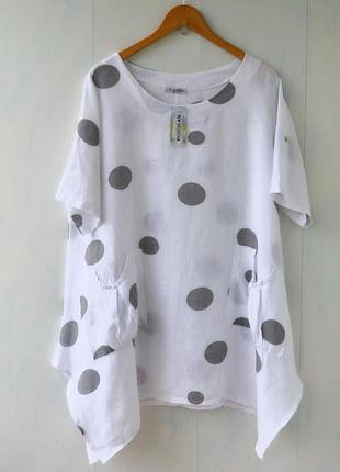 Лляна подовжена блуза бохо, розлітайка в горох new collection, льон