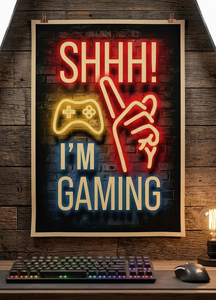Плакат постер на крафтовой бумаге shhh! i'm gaming в неоновом стиле 42х30см