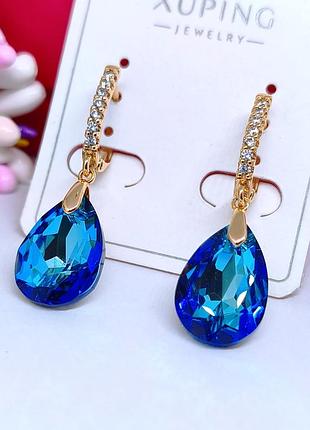 Сережки swarovski синій камінь медичне золото 35×12 мм англійська застібка xuping 6090