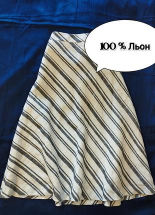 100% лен, белая в полоску миди юбка, h&amp;m, л/40